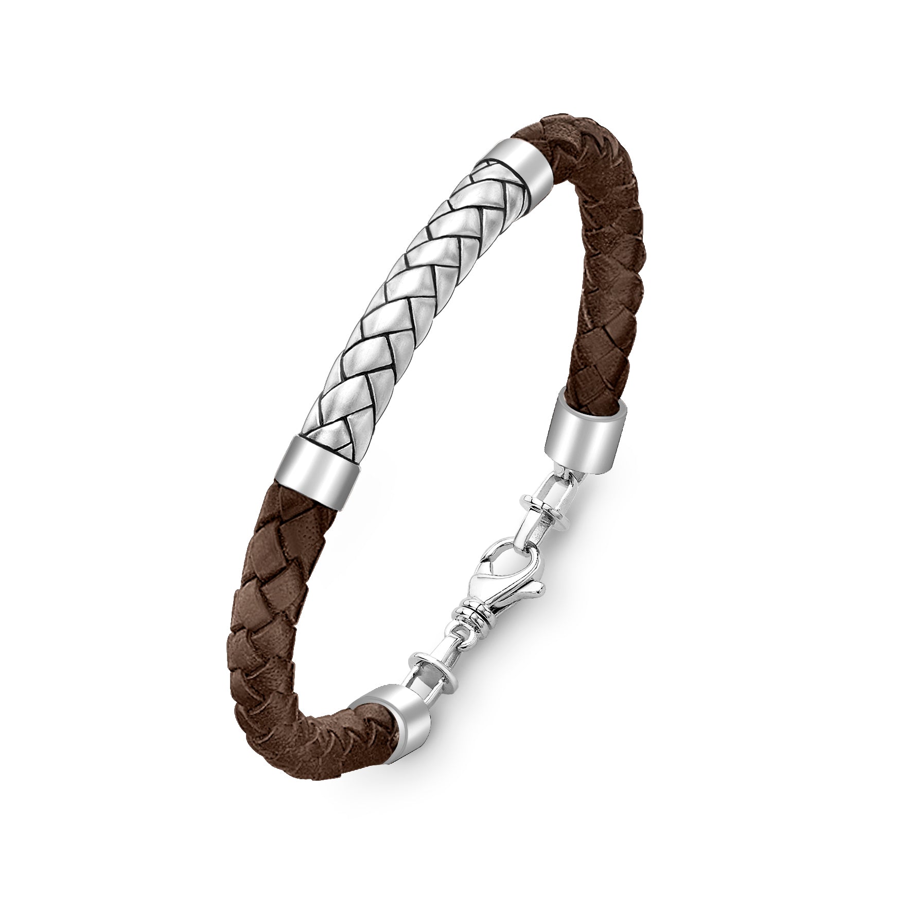 HOXTON LONDON  Sterling Silver/Brown Leather Bracelet HERRINGBONE COLLECTION