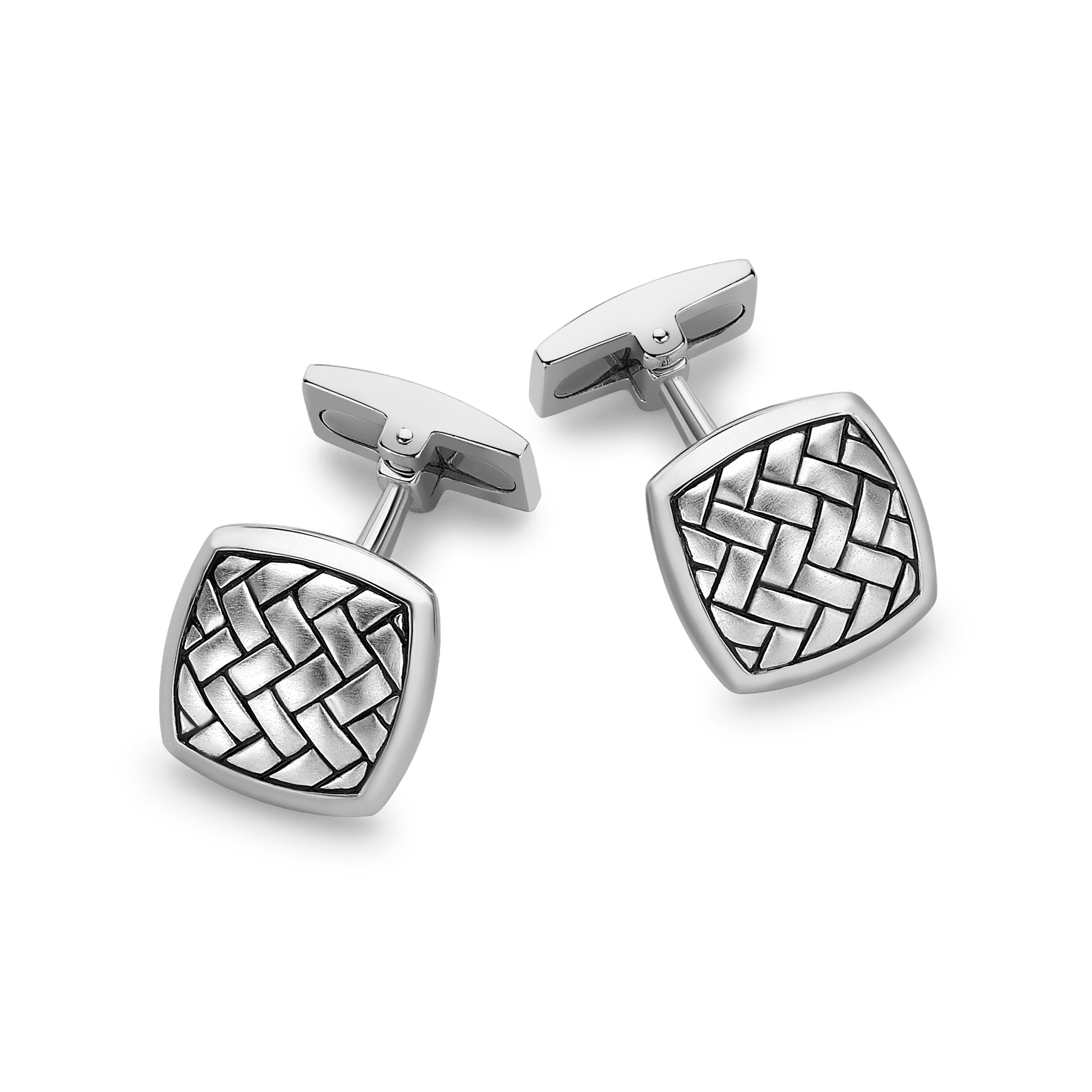 Men's Sterling Silver Rhodium Plated Herringbone Square Cufflinks