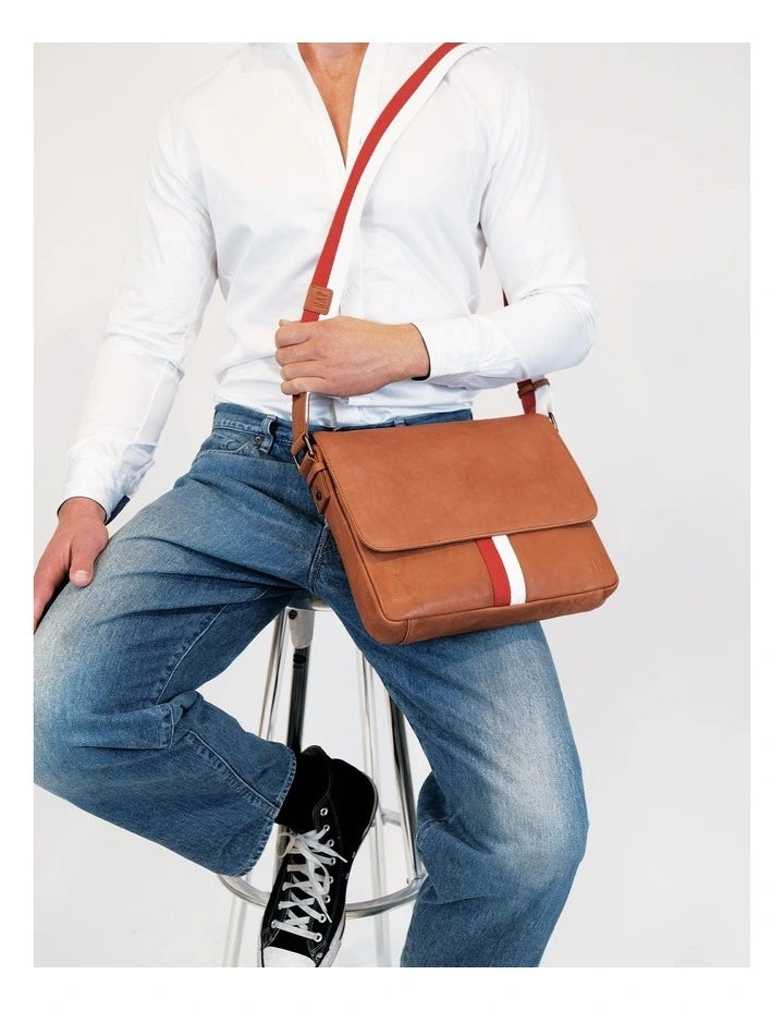 Leather Cross-Body Laptop Bag in Tan