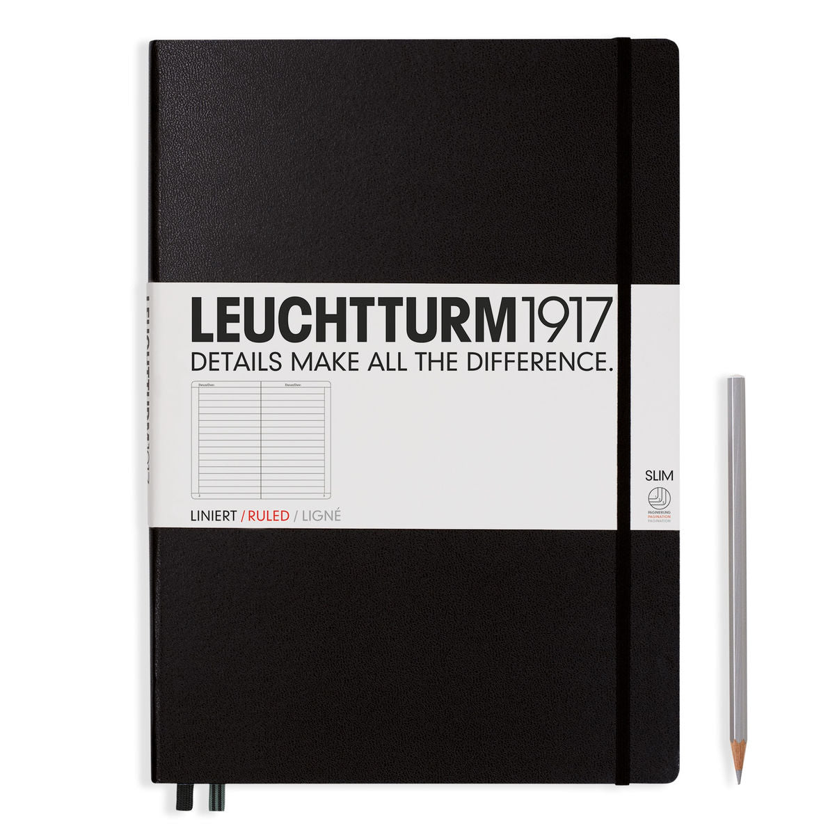 Notebook Master Slim (A4+) Hardcover, 121 Numbered Pages, Ruled, Black
