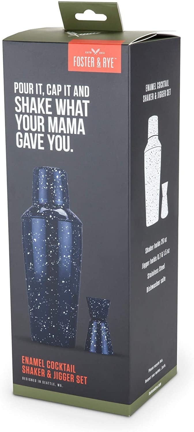 ENAMEL COCKTAIL SHAKER AND JIGGER SET