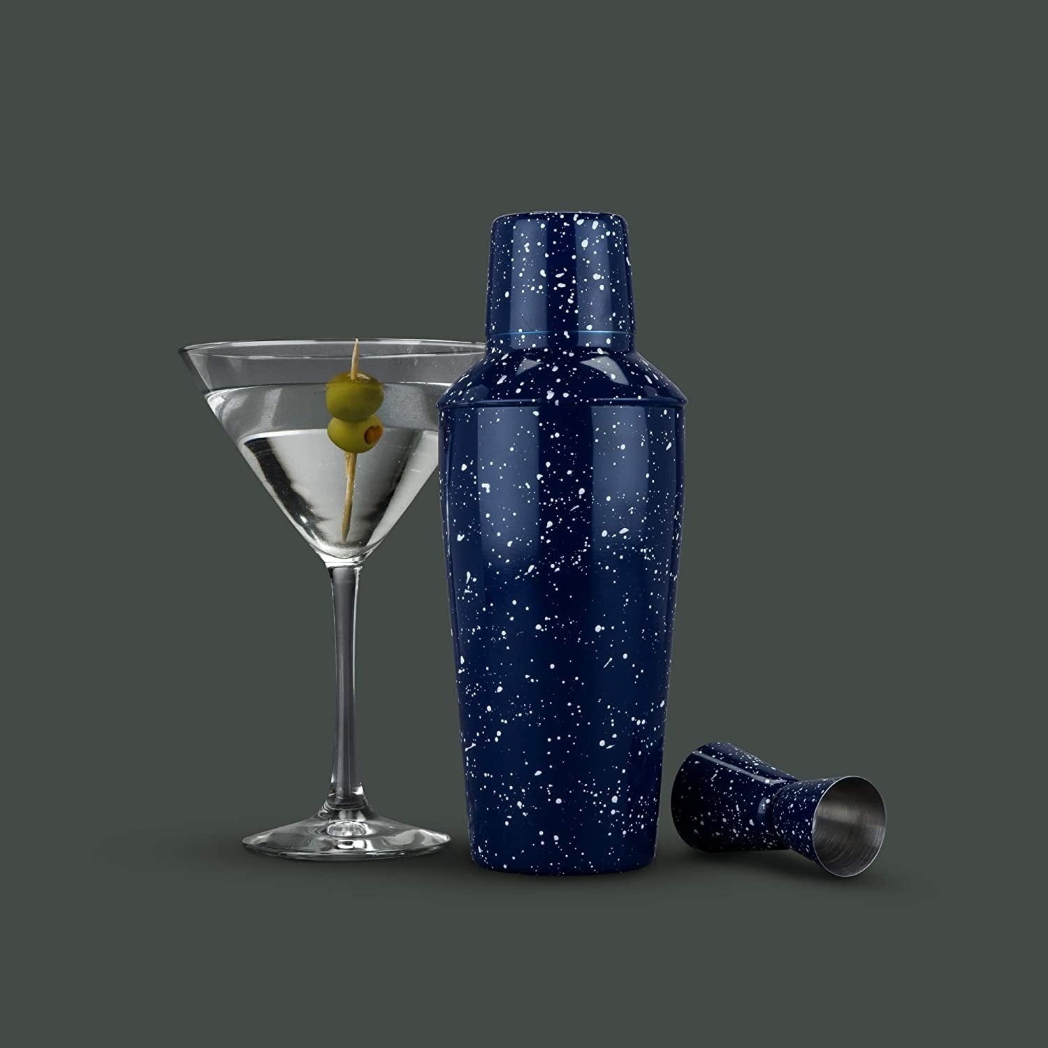 ENAMEL COCKTAIL SHAKER AND JIGGER SET