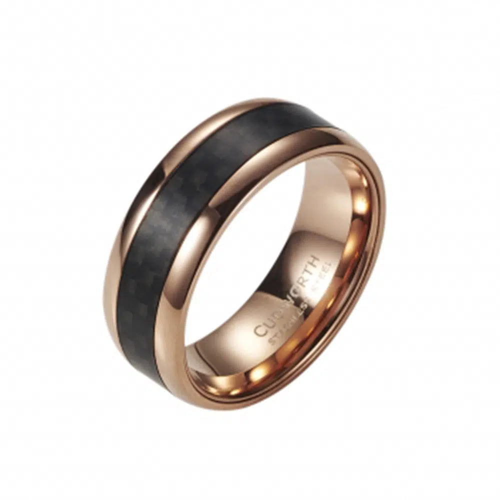 Stainless Steel Ion Plated Rose Gold & Carbon Fibre Ring