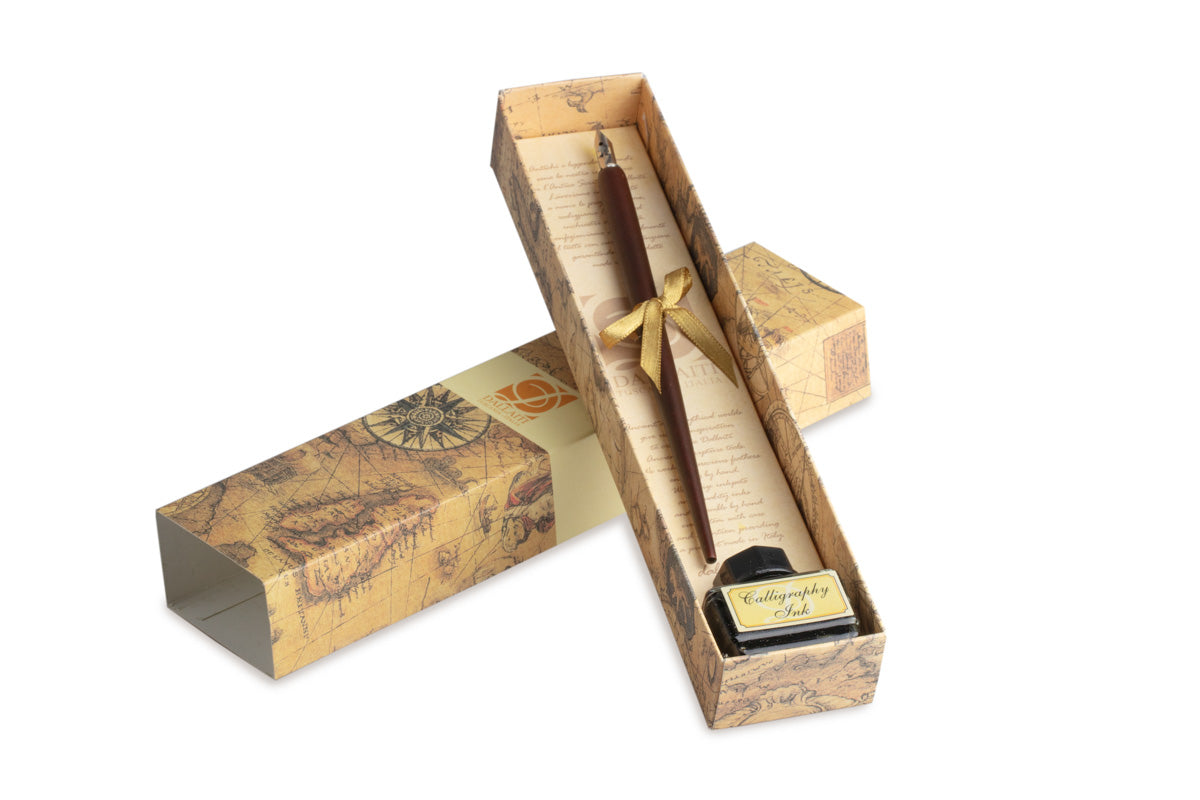Writing set with pen in calligraphic wood & black calligraphic ink