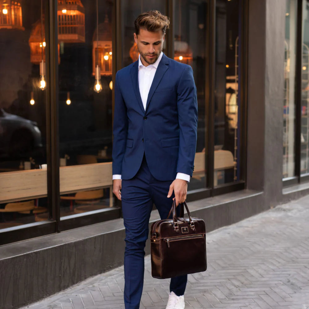 Brown Slim Zip Top Briefcase, Tobacco