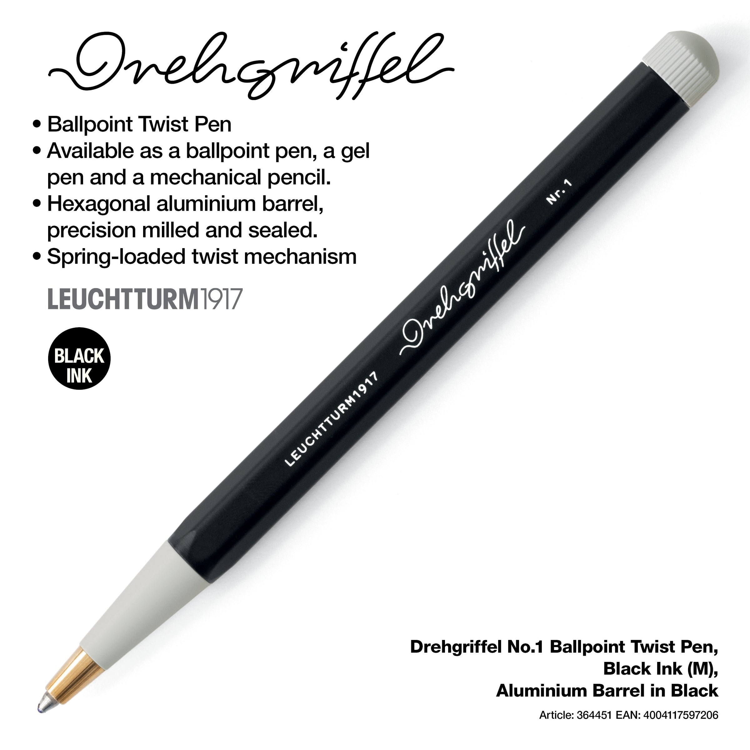 No.1 Ballpoint Twist Pen, Black Ink (M), Aluminium Barrel in Black