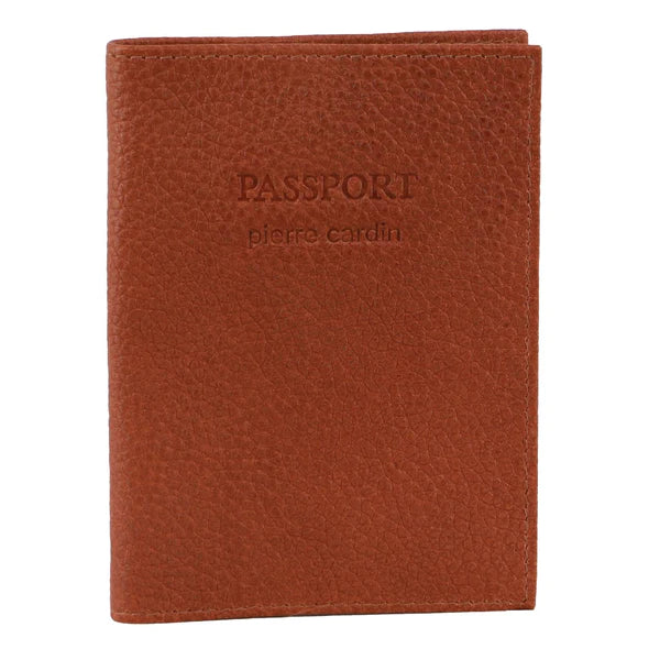 Pierre Cardin LEATHER PASSPORT WALLET COVER Cognac