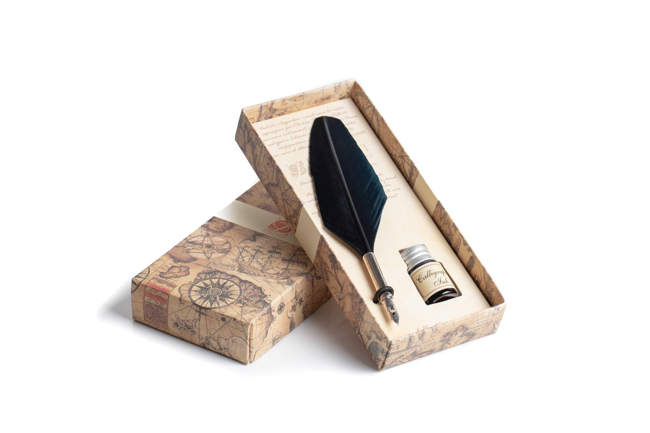 Writing set with small Green feather pen and calligraphic ink