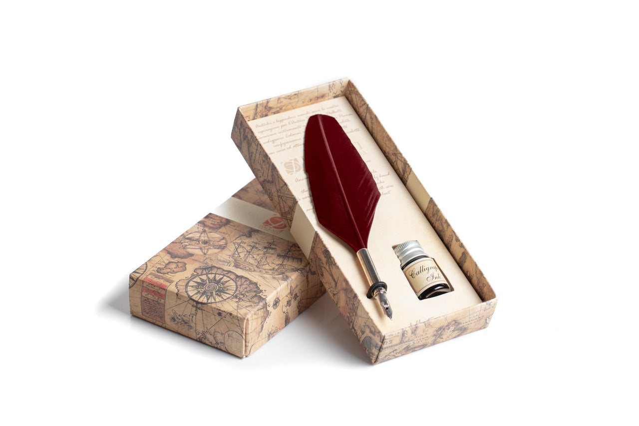 Writing set with small Burgundy feather pen and calligraphic ink