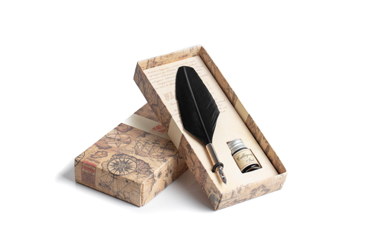 Writing set with small Black feather pen and calligraphic ink