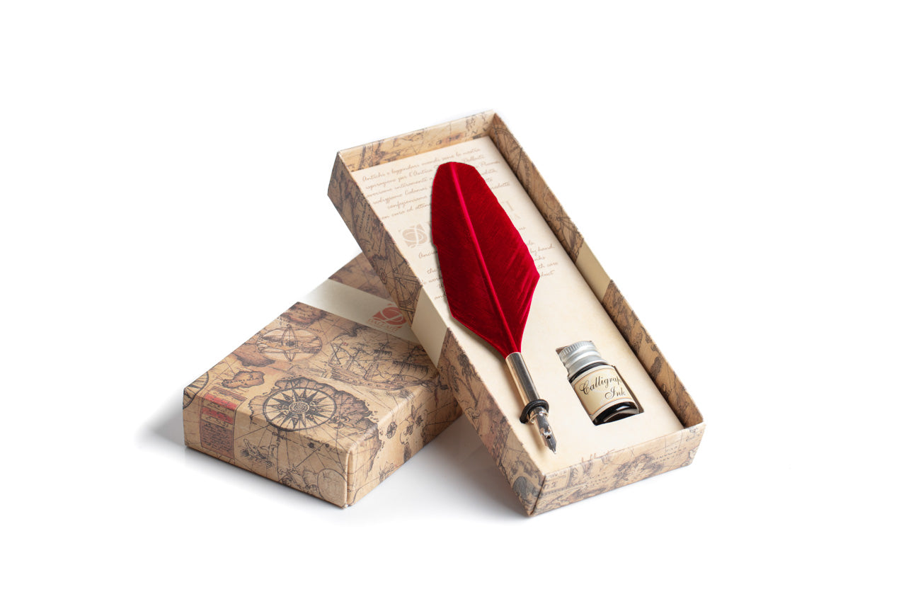 Writing set with small Red feather pen and calligraphic ink