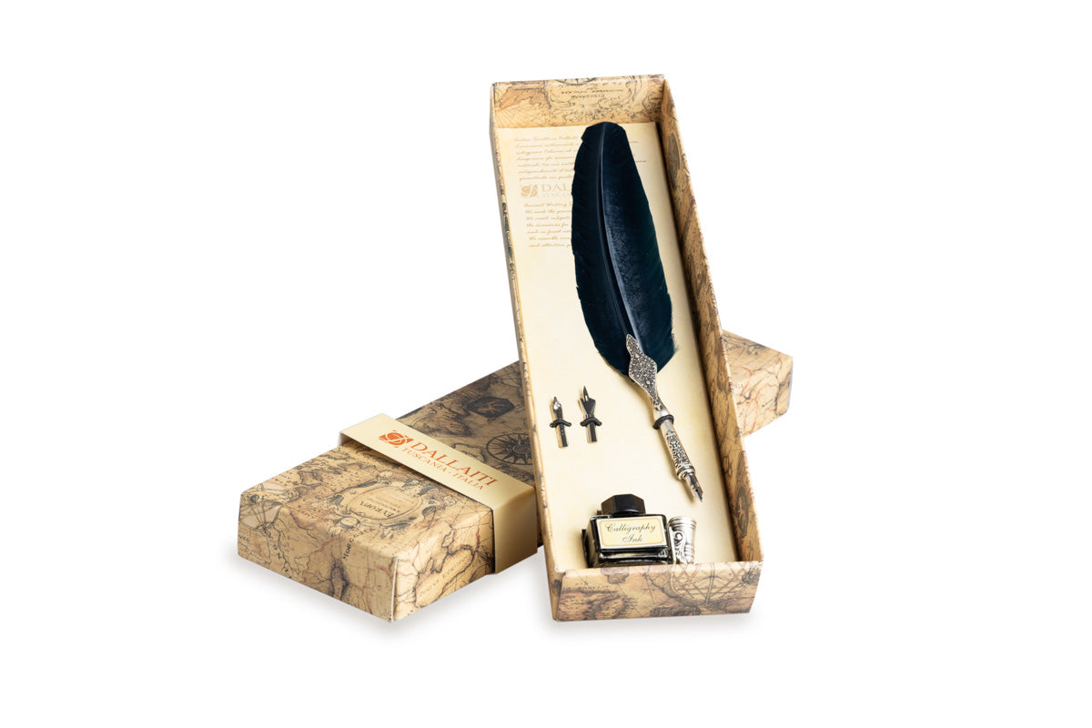 Writing set with decorated blue feather pen, calligraphic ink & decorated metal pen holder