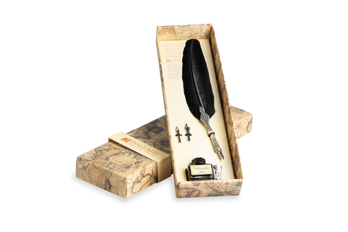 Writing set with decorated black feather pen, calligraphic ink & decorated metal pen holder