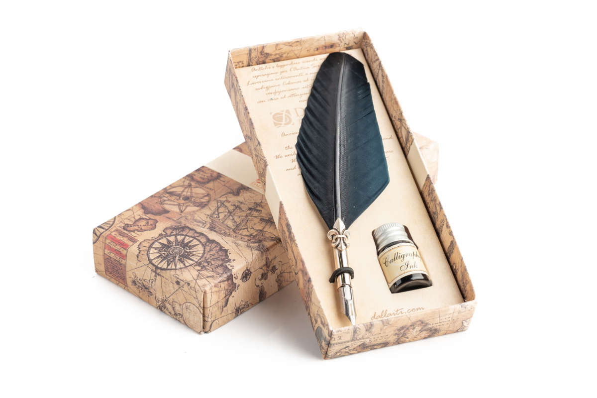 Writing set with black large feather pen, lily decorated ferrule & black ink